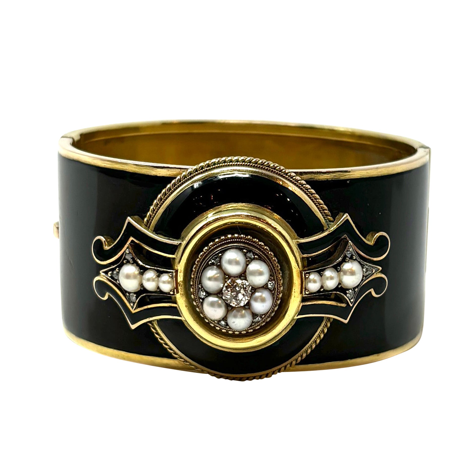 Antique American 14K Gold Enamel, Pearl and Diamond Bangle For Sale