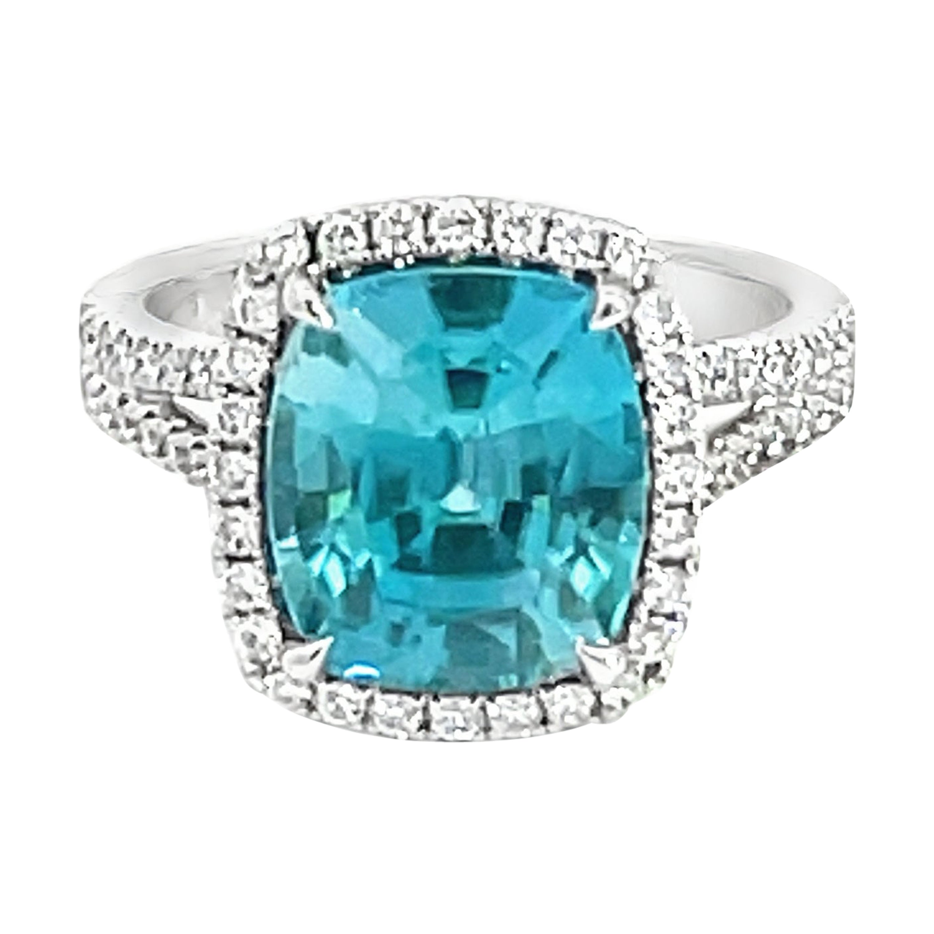 7.13 Carat Cushion Blue Zircon and Diamond Ring For Sale