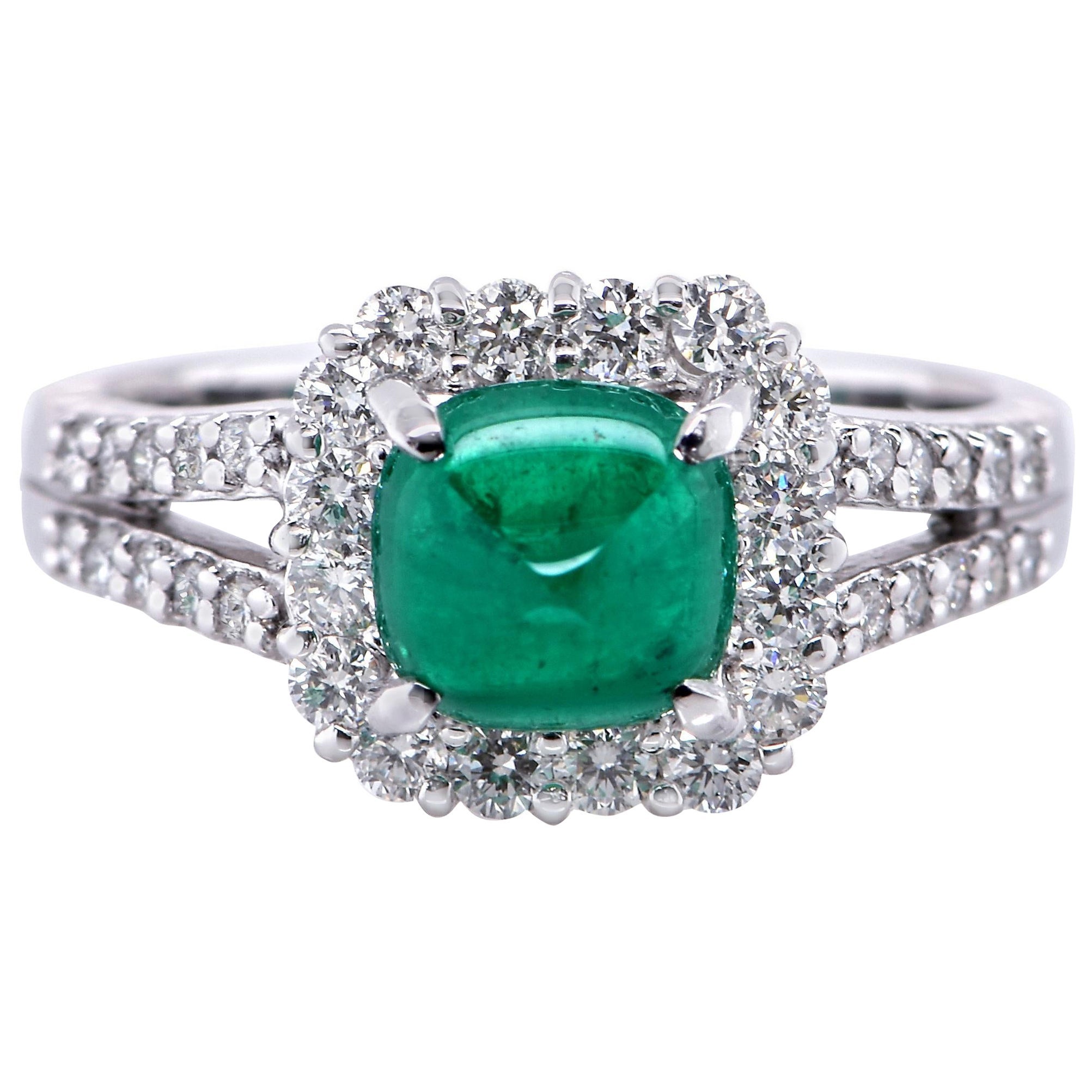 1.31 Carat Colombian Emerald Sugar-Loaf and Diamond Ring Made in Platinum
