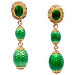 1960s Cazzaniga Gold and Green Guilloché Enamel Drop Earrings