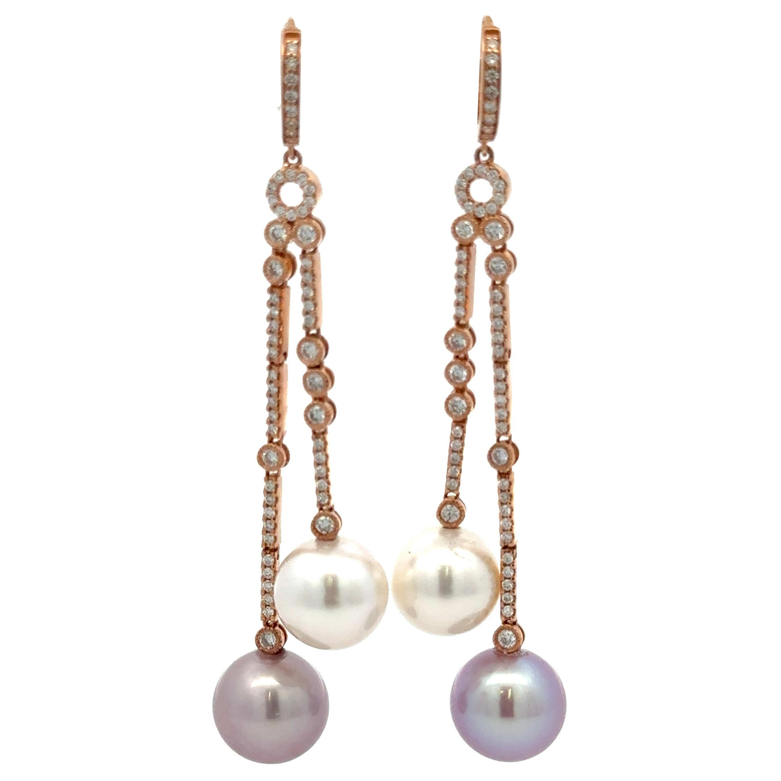 Pendientes de gota de diamantes y perlas de agua dulce rosas y mares del sur 1,07 CTTW 18KT 10-11 MM