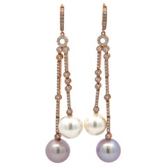 Pendientes de gota de diamantes y perlas de agua dulce rosas y mares del sur 1,07 CTTW 18KT 10-11 MM