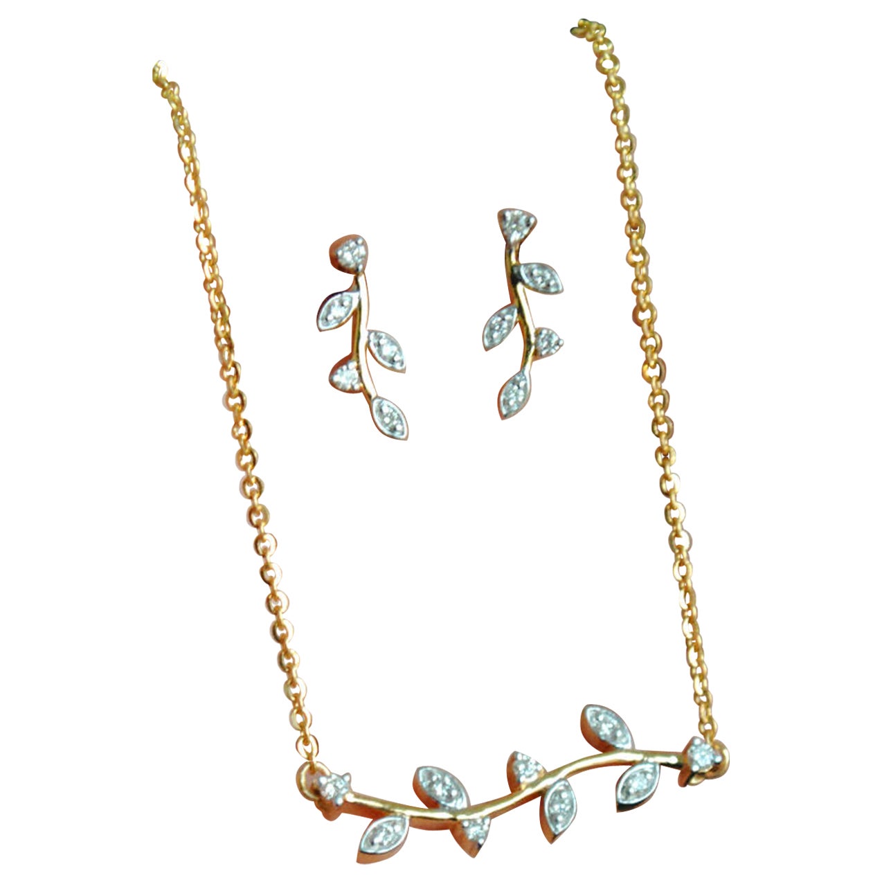 Set di collane con foglie di ramoscello di diamante in oro 14K e orecchini abbinati Regalo unico.