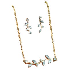 Diamond Twig Leaf Necklace Set in 14K Gold with Matching Earrings Unique Gift.