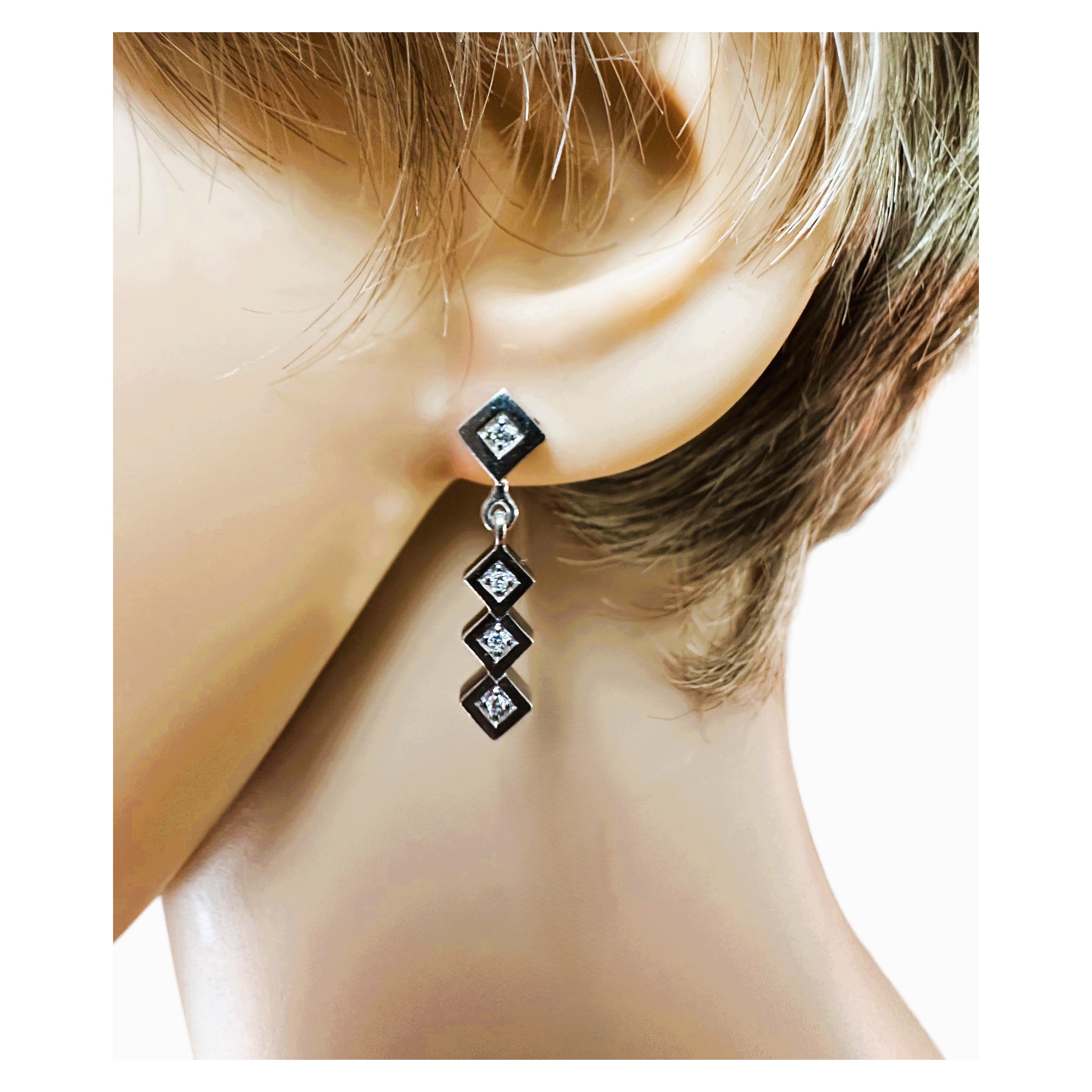 14k White Gold .15 Carat Diamond Dangle Post Earrings 1 inch long