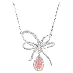 18K White Gold Fancy Pink Diamond Bow Design Pendant Necklace with Diamonds