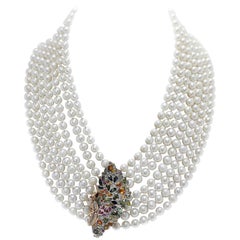   Multicolor Sapphires Rubies Emeralds Diamonds Pearl 7 Row Gold and Si Necklace