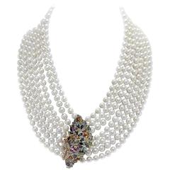Multicolor Sapphires Rubies Emeralds Diamonds Pearl 7 Row Gold and Si Necklace