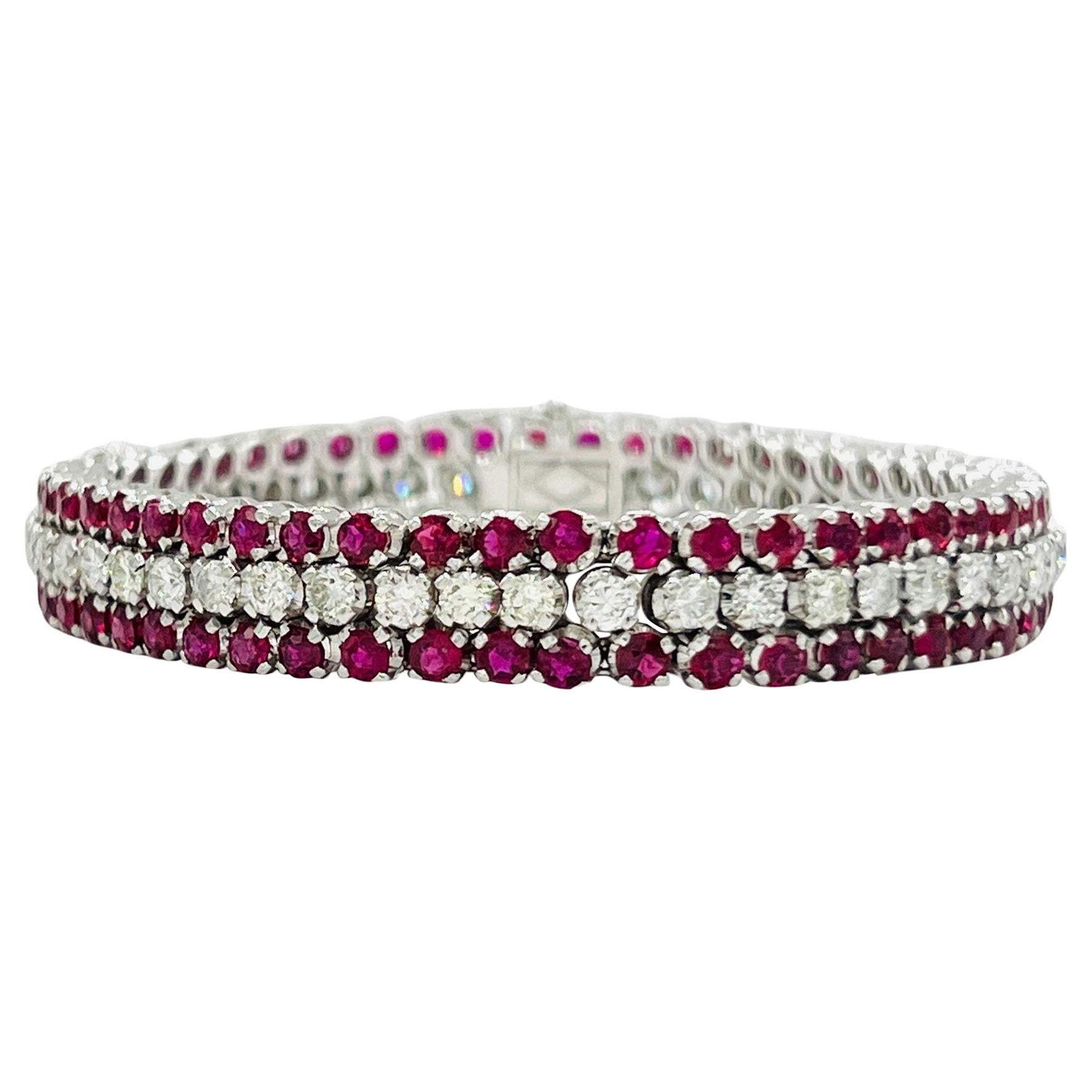 Ruby and and White Diamond Three Row Bracelet in 18K White Gold