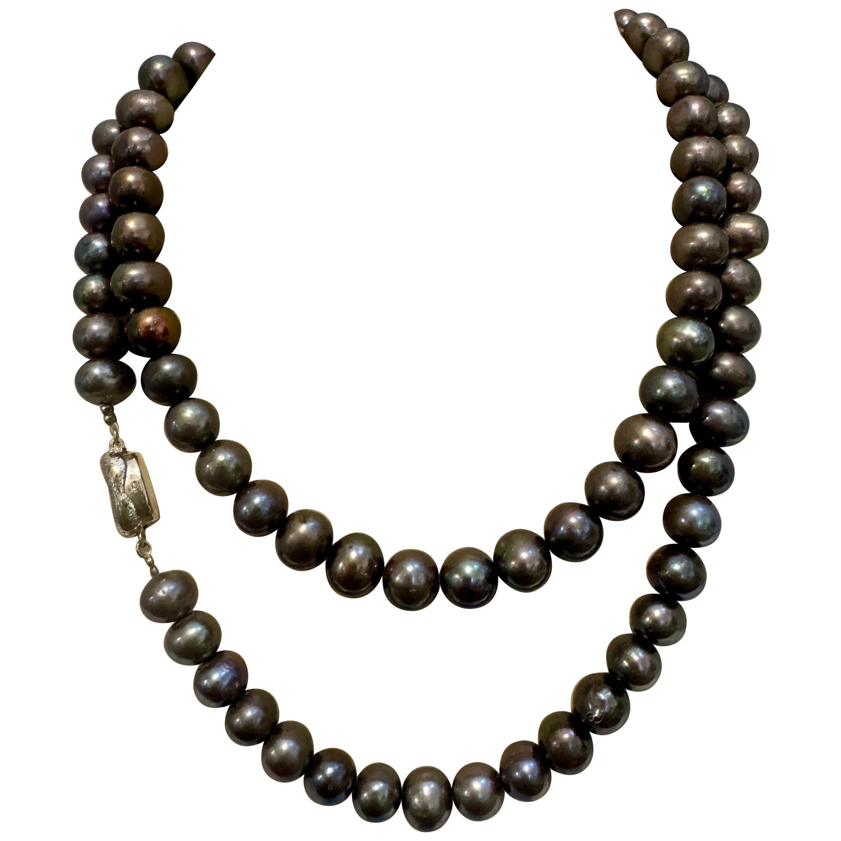 Fresh Black Water Round Pearl Single Strand Necklace, Opera Length, Silver Clasp