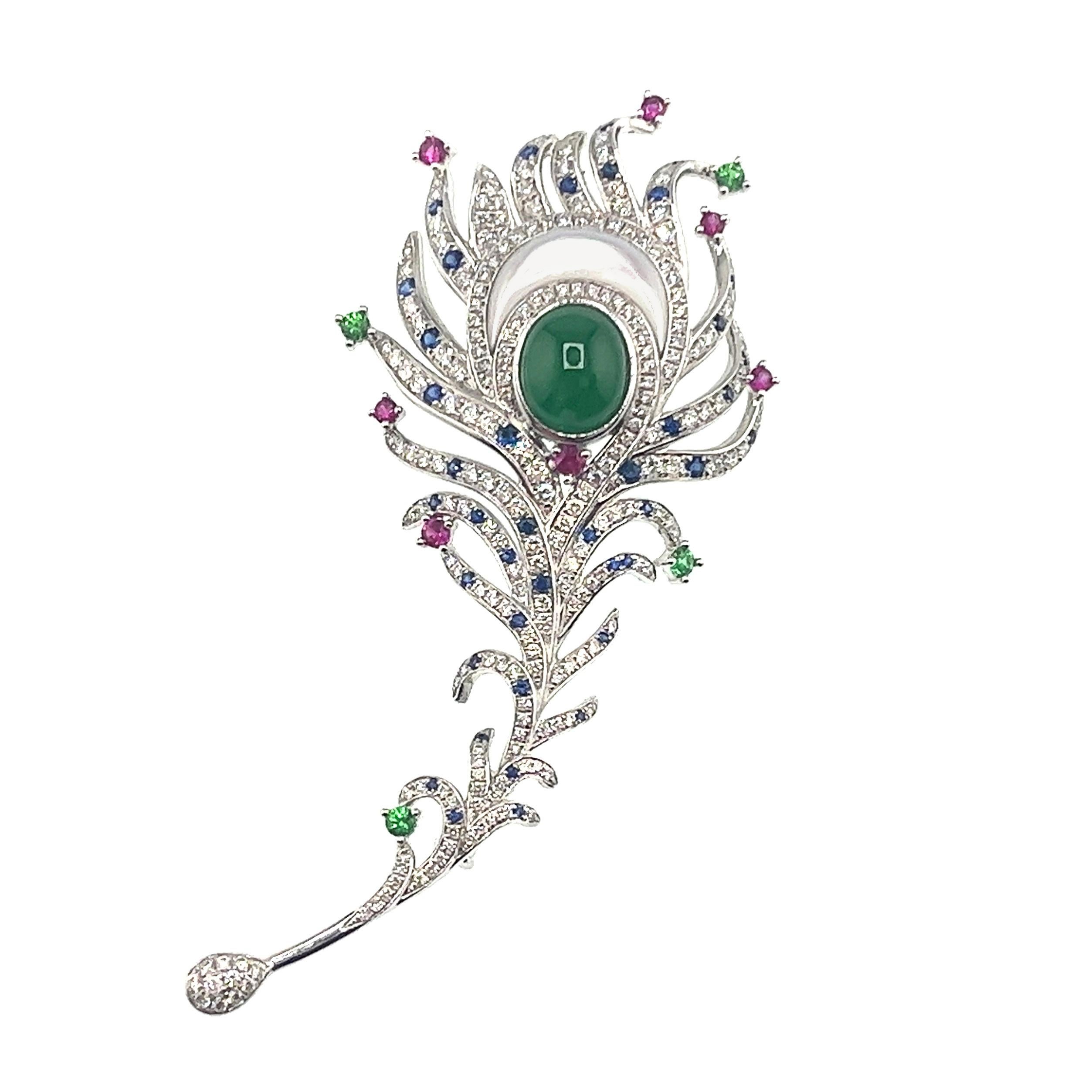 18K White Gold Jadeite & Sapphire Brooch/Pendant with Diamonds