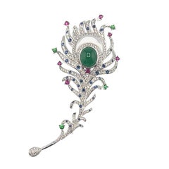 Broche/pendentif en or blanc 18 carats, jadéite et saphir avec diamants