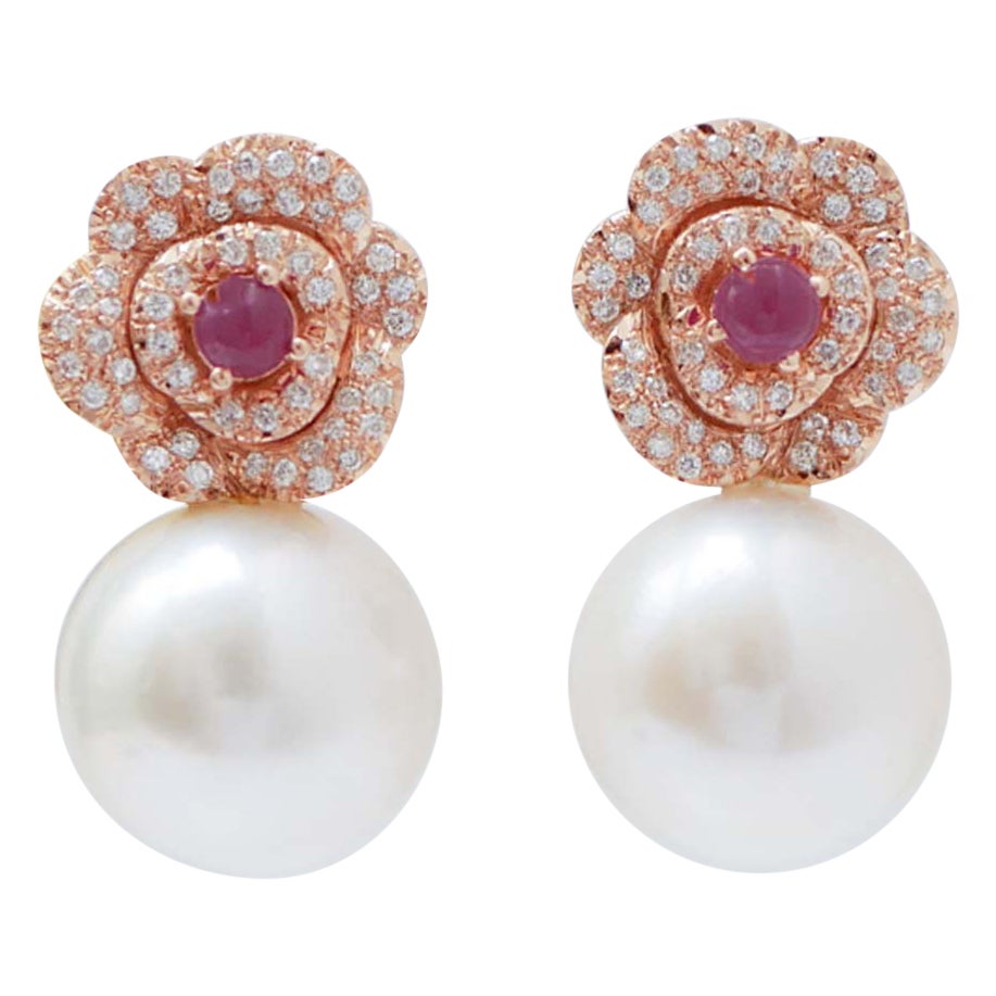 15 Mm Pearls, Rubies, Diamonds, 18 Karat Rose Gold Modern Earrings.