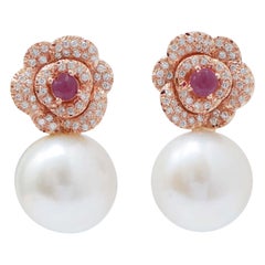 15 Mm Pearls, Rubies, Diamonds, 18 Karat Rose Gold Modern Earrings.
