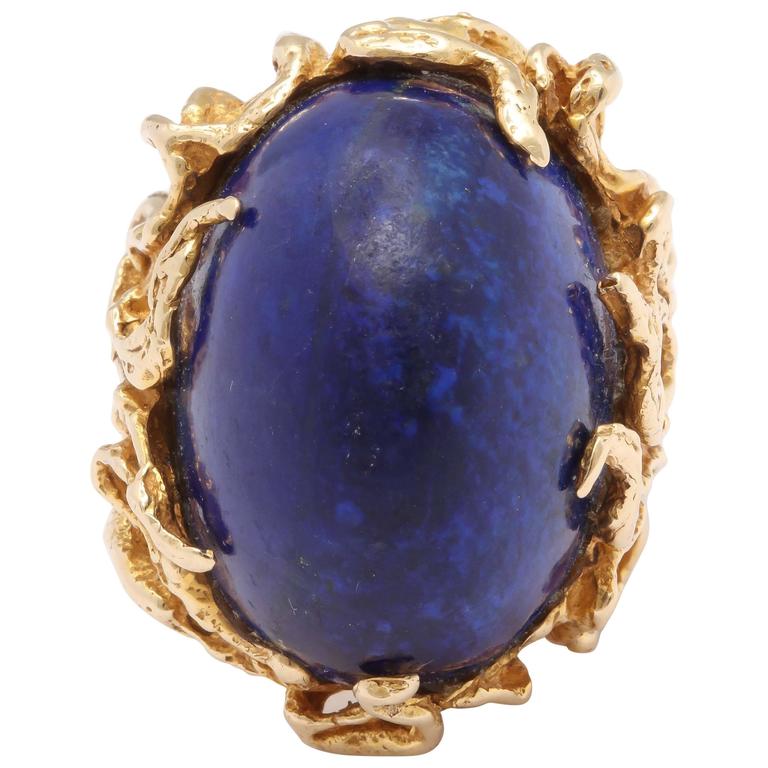 Oversize Oval Lapis Yellow Gold Ring in Naturalistic Branch Setting For Sale