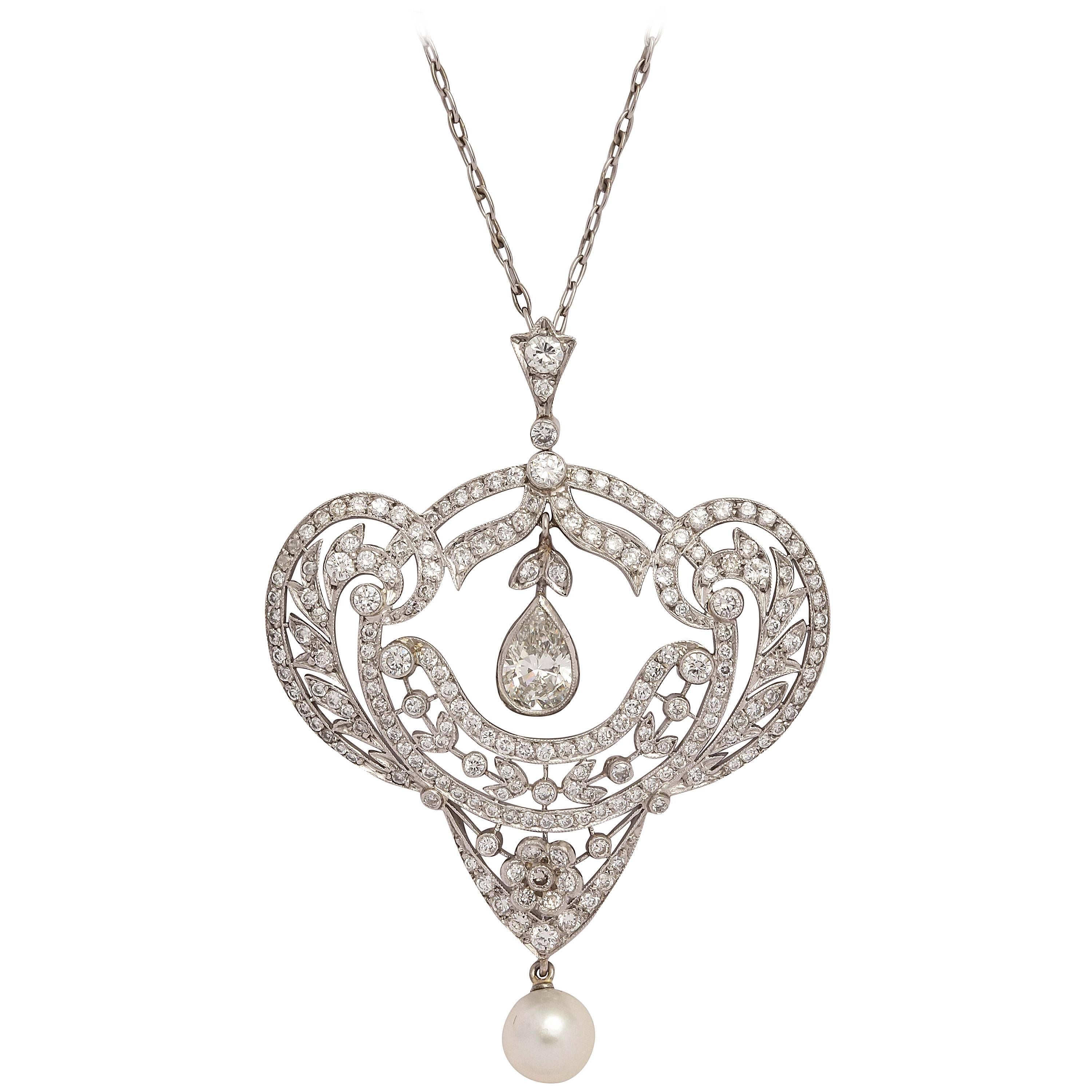 Edwardian Pearl Diamond Pendant on Chain