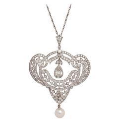 Edwardian Pearl Diamond Gold Pendant on Chain 11