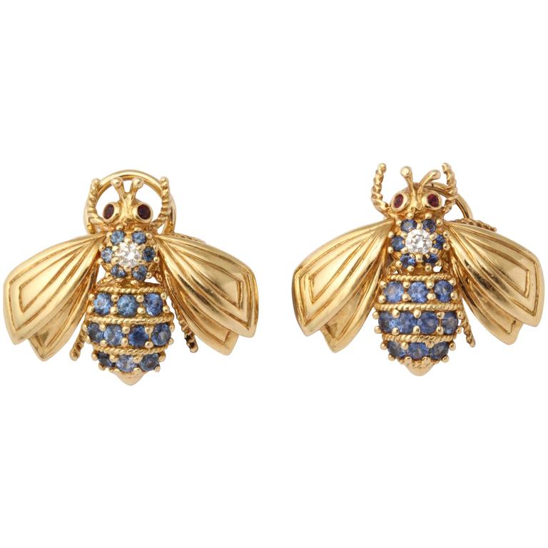 1980s Tiffany and Co. Sapphire Diamond Ruby Gold Figural Bee Earclips ...