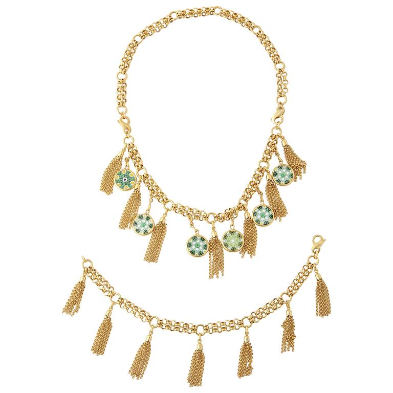 1960s Tassel And Murano Glass Necklace With Bracelet Combination Gold Set For Sale (Free