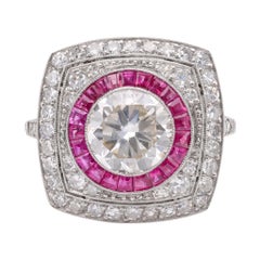 Art Deco Inspired 1.94 Carat Diamond Ruby Platinum Halo Ring