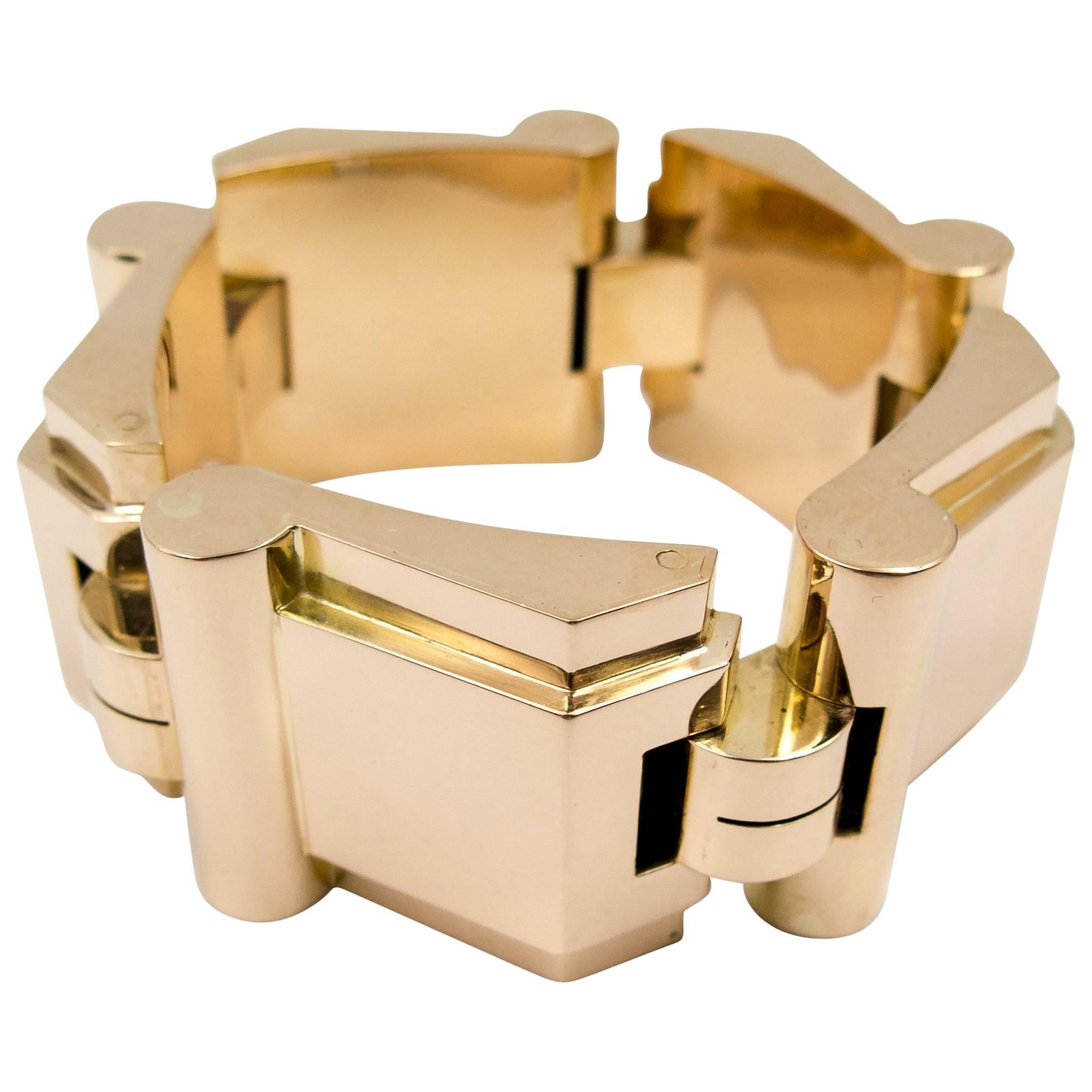 1940s Retro machine Age Large Gold Tank Bracelet