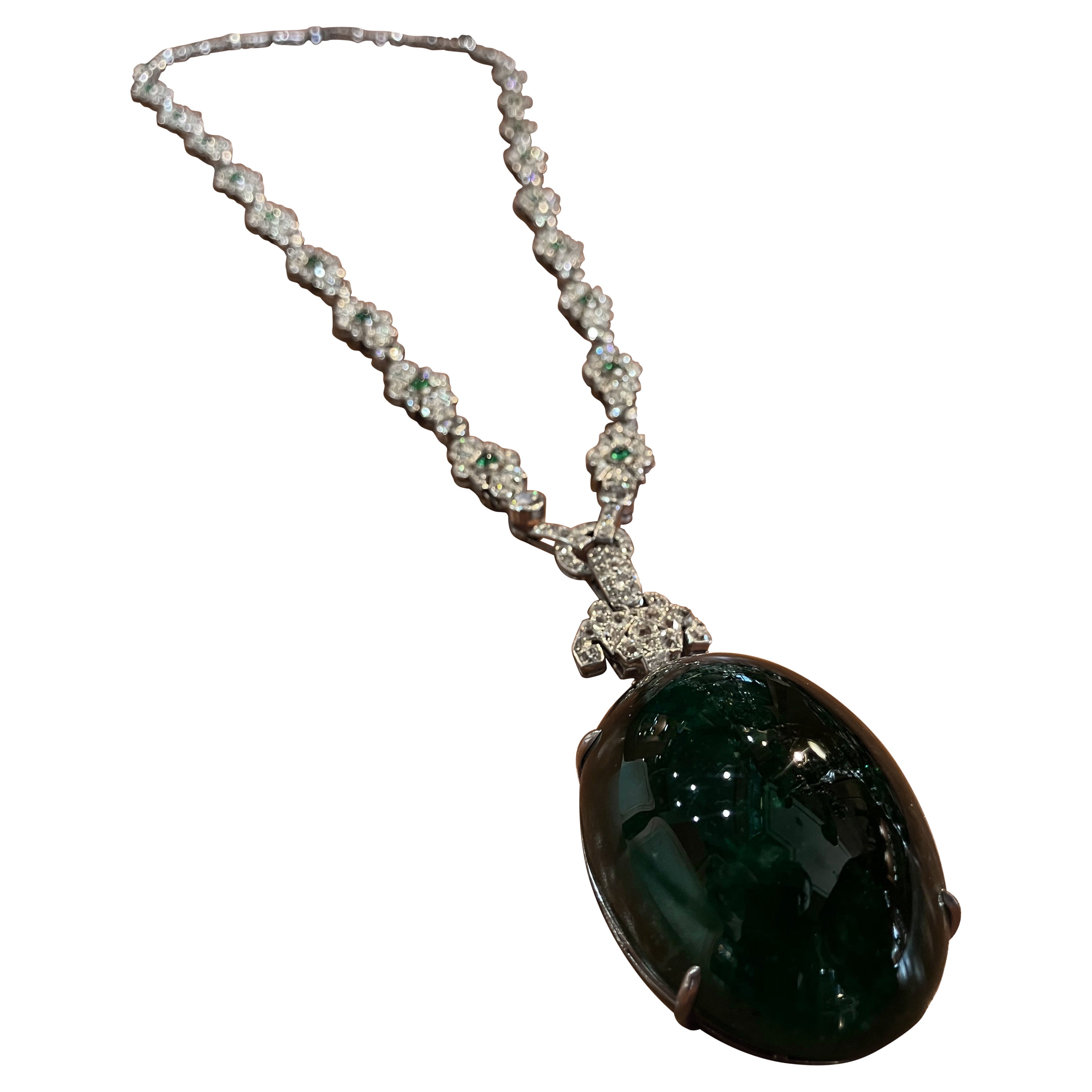 One-of-kind Art Deco Cartier with Makers Mark LAVABRE Sautoir Necklace. Featuring a magnificent GIA certified 250 carat Cabochon Colombian Emerald with Approximatly 559 Diamonds weighting 50 carats.  

This Exceptional Sautoir can be worn as choker