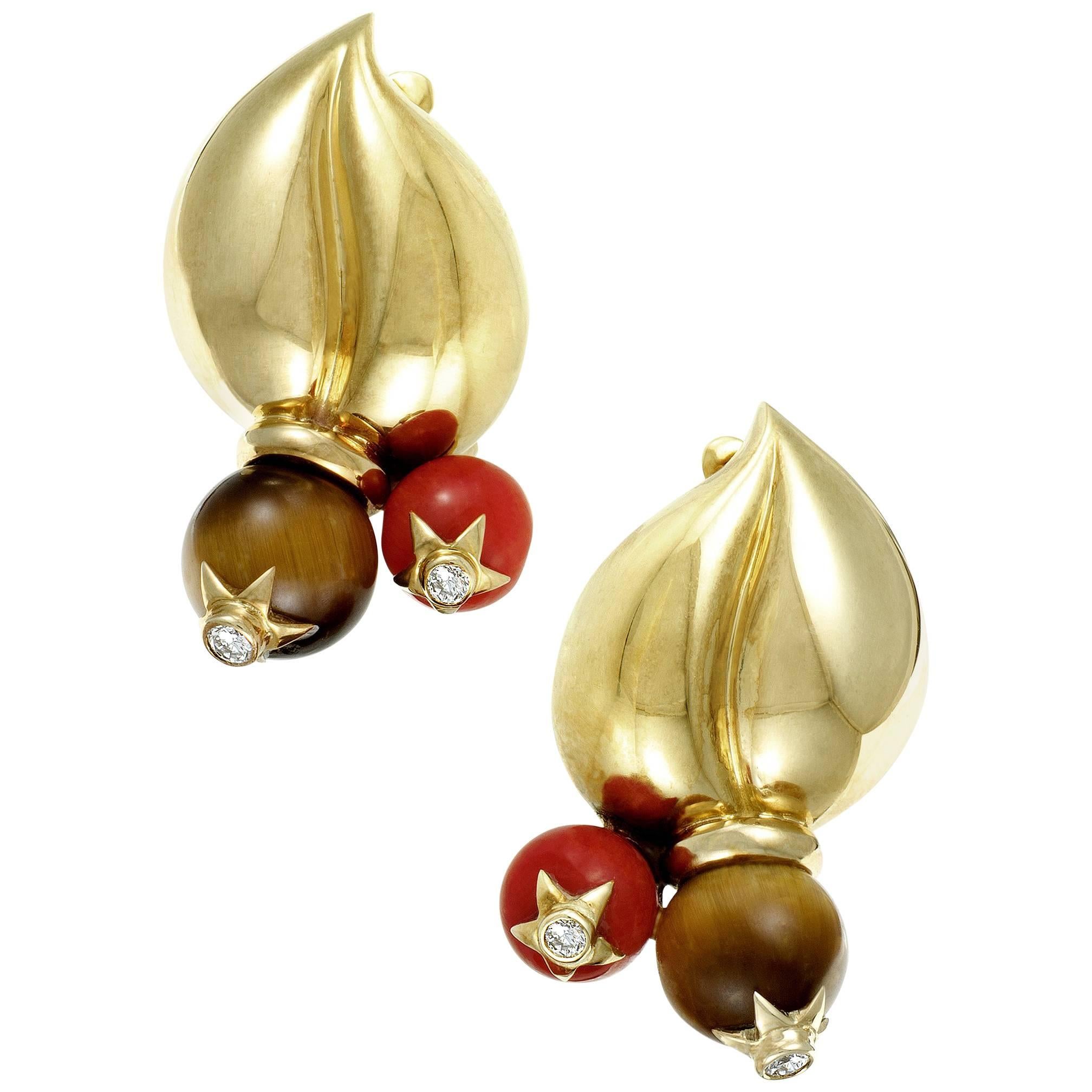 Dior Coral Tiger's Eye Diamond Gold Clip-On Earrings