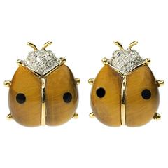 Tiger Eye Diamond Gold Ladybug Earrings