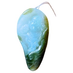 Natural Myanmar Icy Translucent Olive Green Jadeite Jade Happy Buddha Pendant