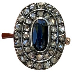 Bague de fiançailles édouardienne ancienne en or jaune, saphir ovale et diamant, années 1900