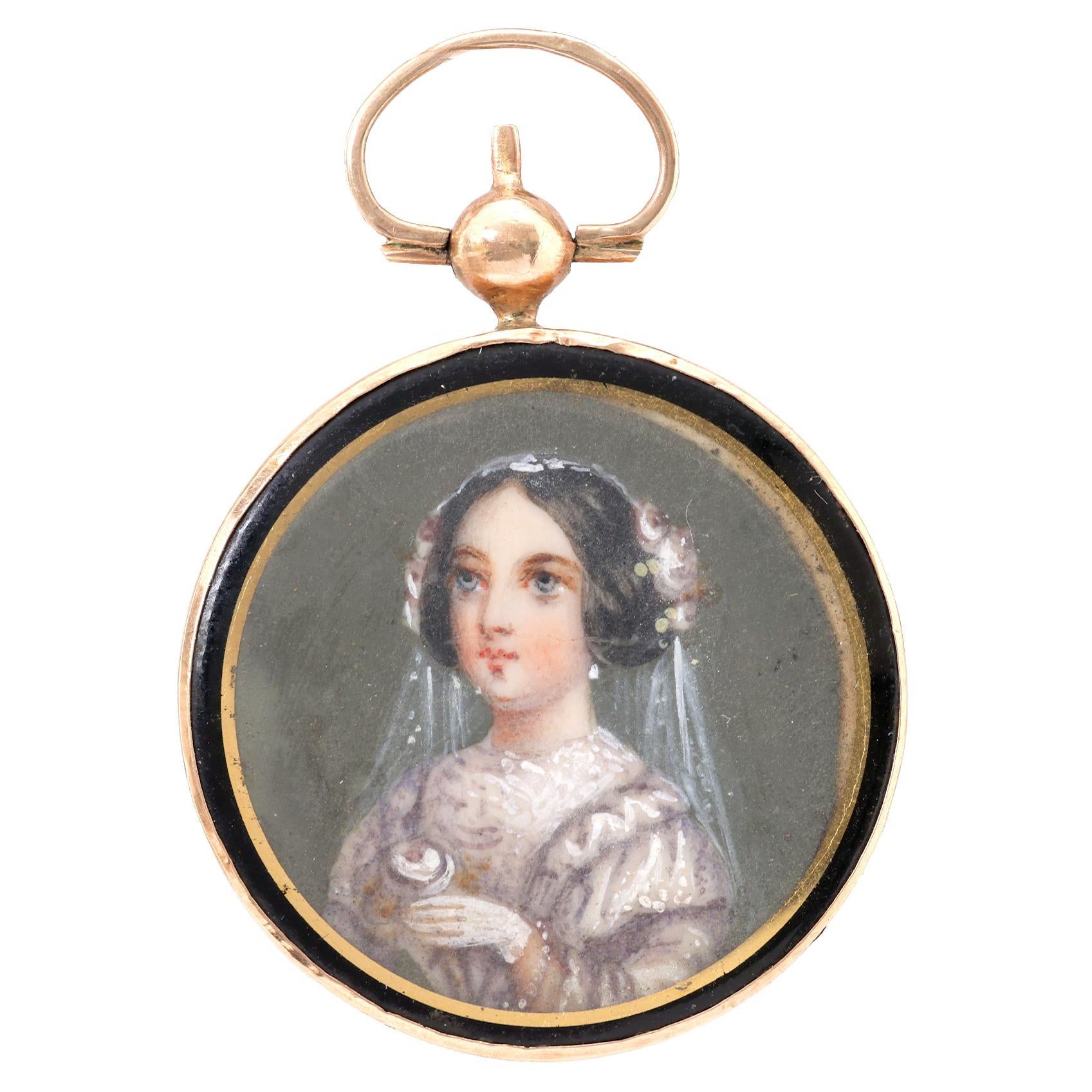 Victorian Enamel Portrait 14K Rose Gold Pendant For Sale at 1stDibs