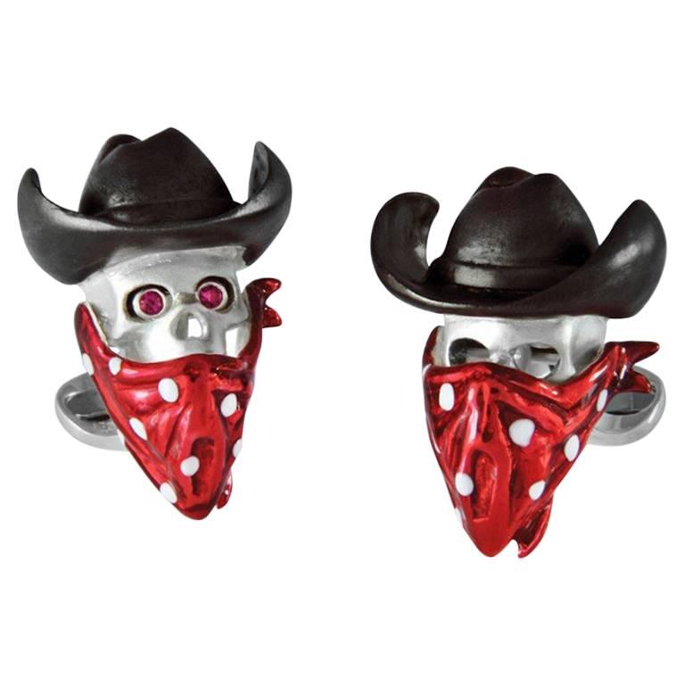 Deakin & Francis Sterling Silver Cowboy Ruby Skull Cufflinks For Sale
