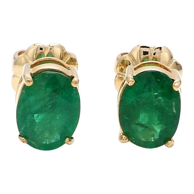 2.05 Carat Oval Natural Emerald Gemstone Stud Earrings 18k Yellow Gold Jewelry