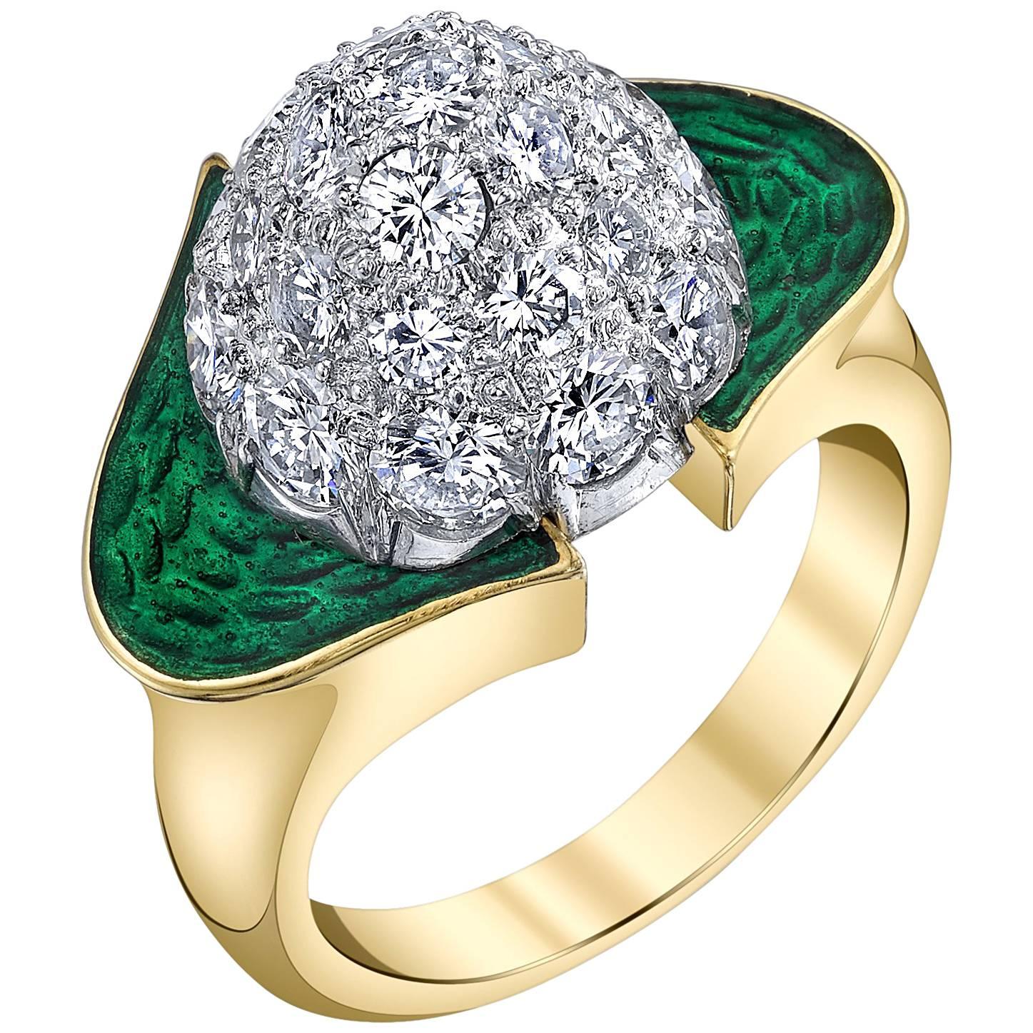 Carvin French Enamel Diamond Gold Dome Ring For Sale