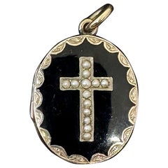 Victorian Cross Locket Gold Inlaid Black Onyx Pearl Photo Pendant Necklace
