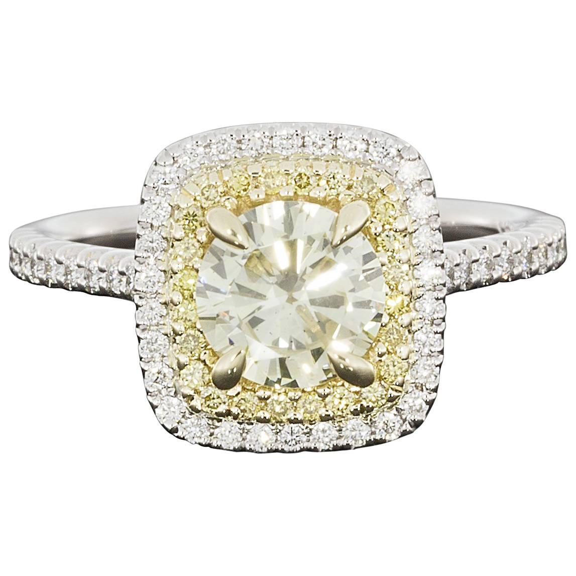 Two Color Gold Canary Yellow Round Diamond Double Halo Engagement Ring