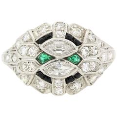 Antique 1920s Onyx Emerald Diamond Platinum Ring