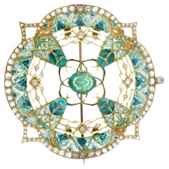 Antique Art Nouveau 14k Gold Diamond & Emerald Plique A Jour Enamel Pin Brooch