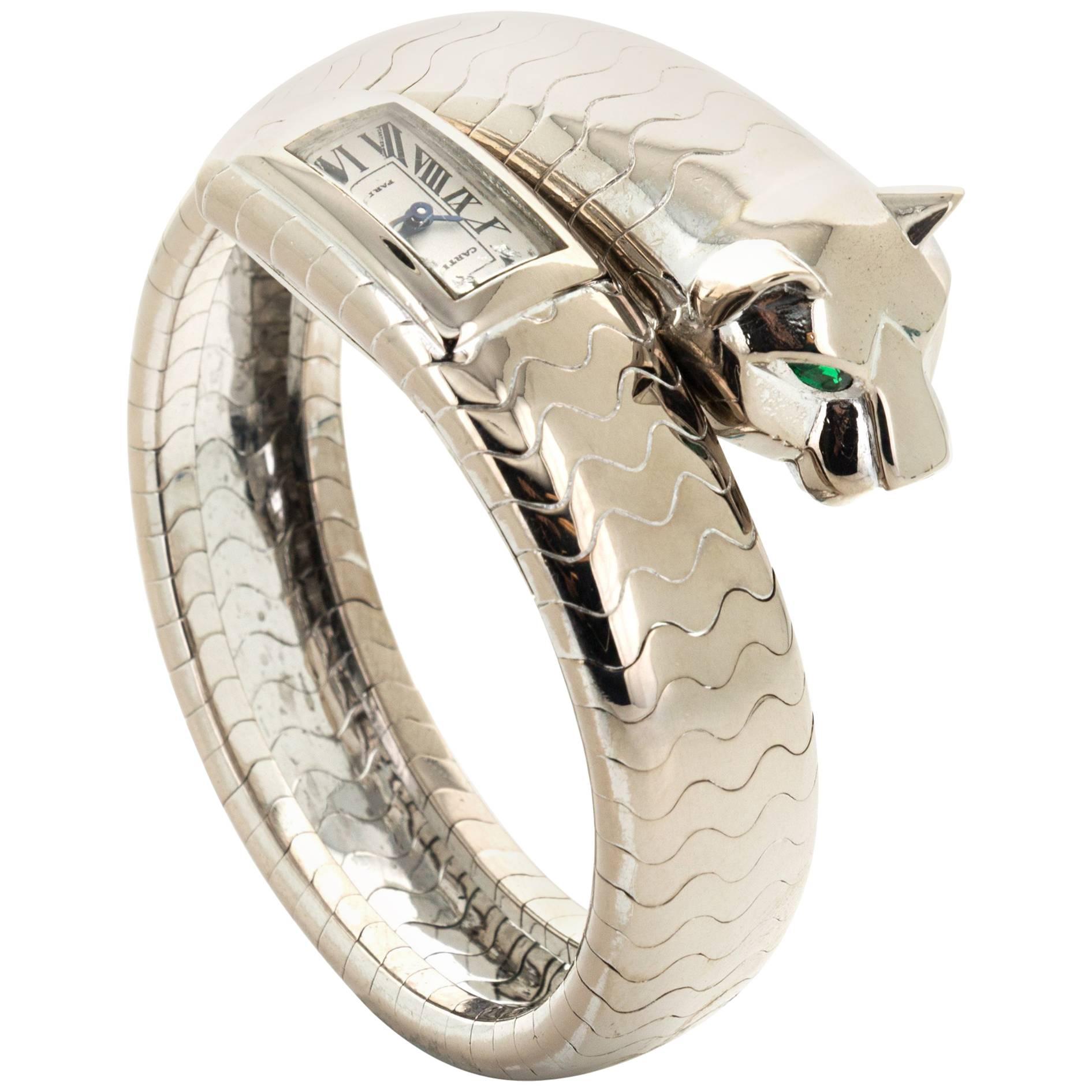 Cartier Paris White Gold Ladies Panthere Bangle Bracelet Wristwatch For Sale