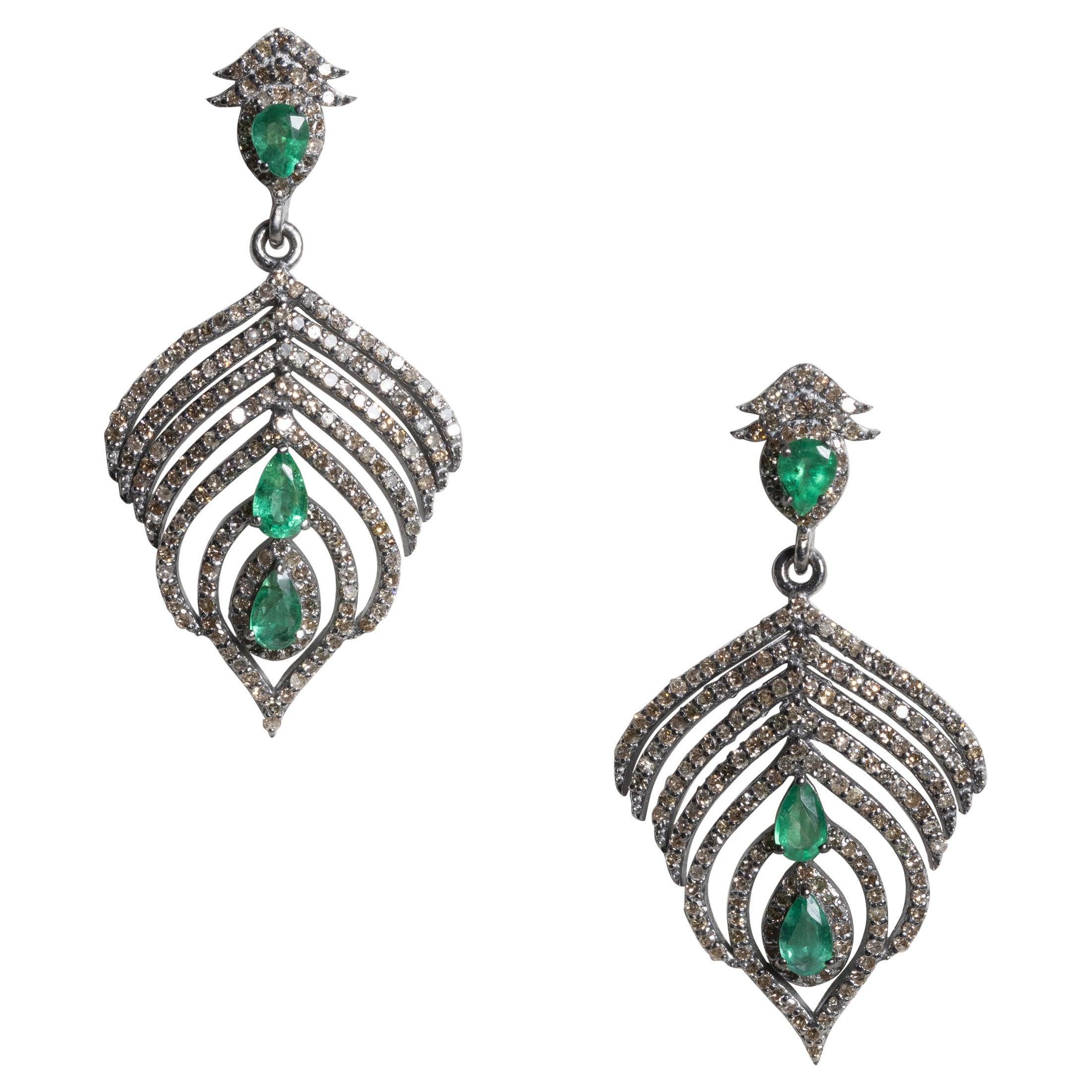 Emerald and Diamond Feather Dangle Earrings