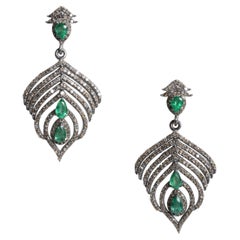 Emerald and Diamond Feather Dangle Earrings