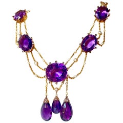 Antique Victorian 18K Gold Amethyst Diamond Natural Pearl Festoon Necklace