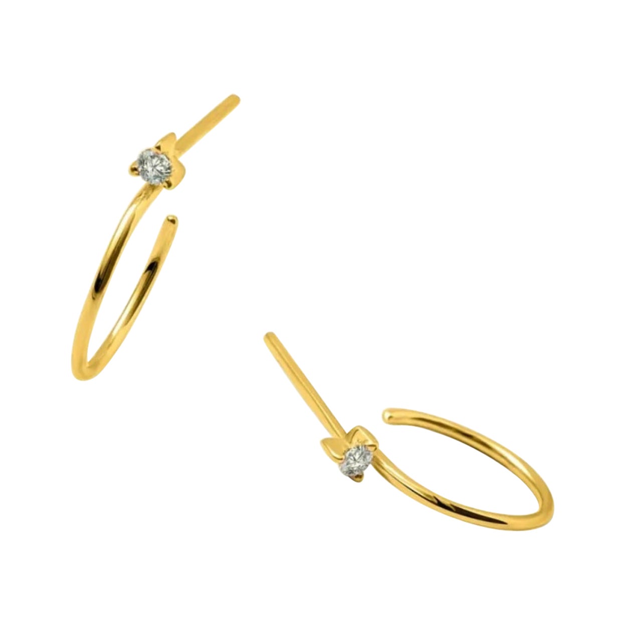 14K Solid Yellow Gold Solitaire Diamond Hoop Earrings Dainty Spiral Earring For Sale