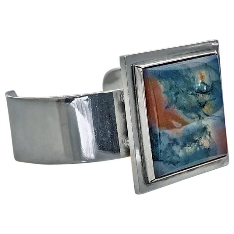 1960s Bent Knudsen Denmark Rare Sterling Agate Bangle Bracelet For Sale