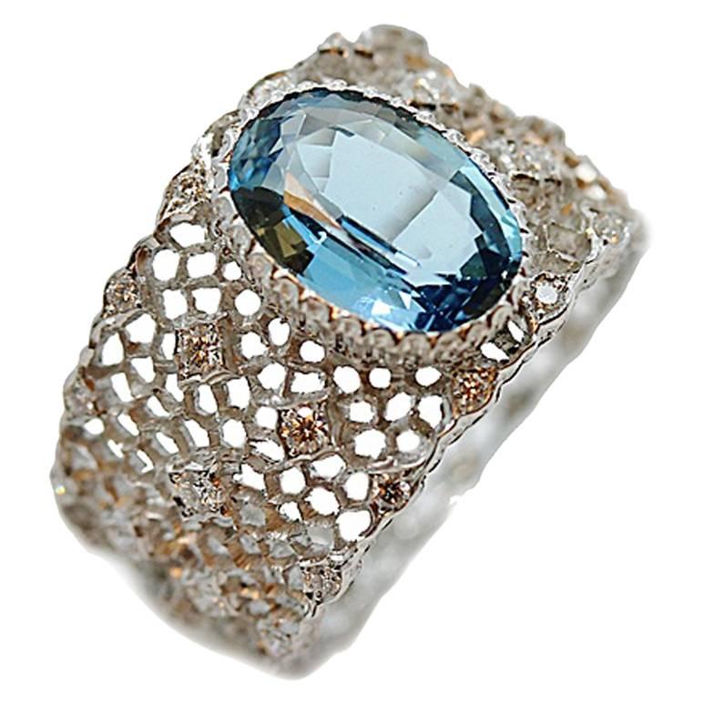 Buccellati Musone Aquamarine Diamonds Gold Band Ring For Sale