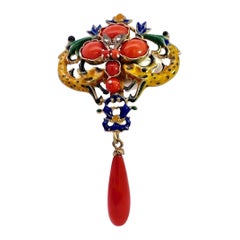 Spilla/pendente Art Nouveau con diamante e corallo smaltato 18 carati