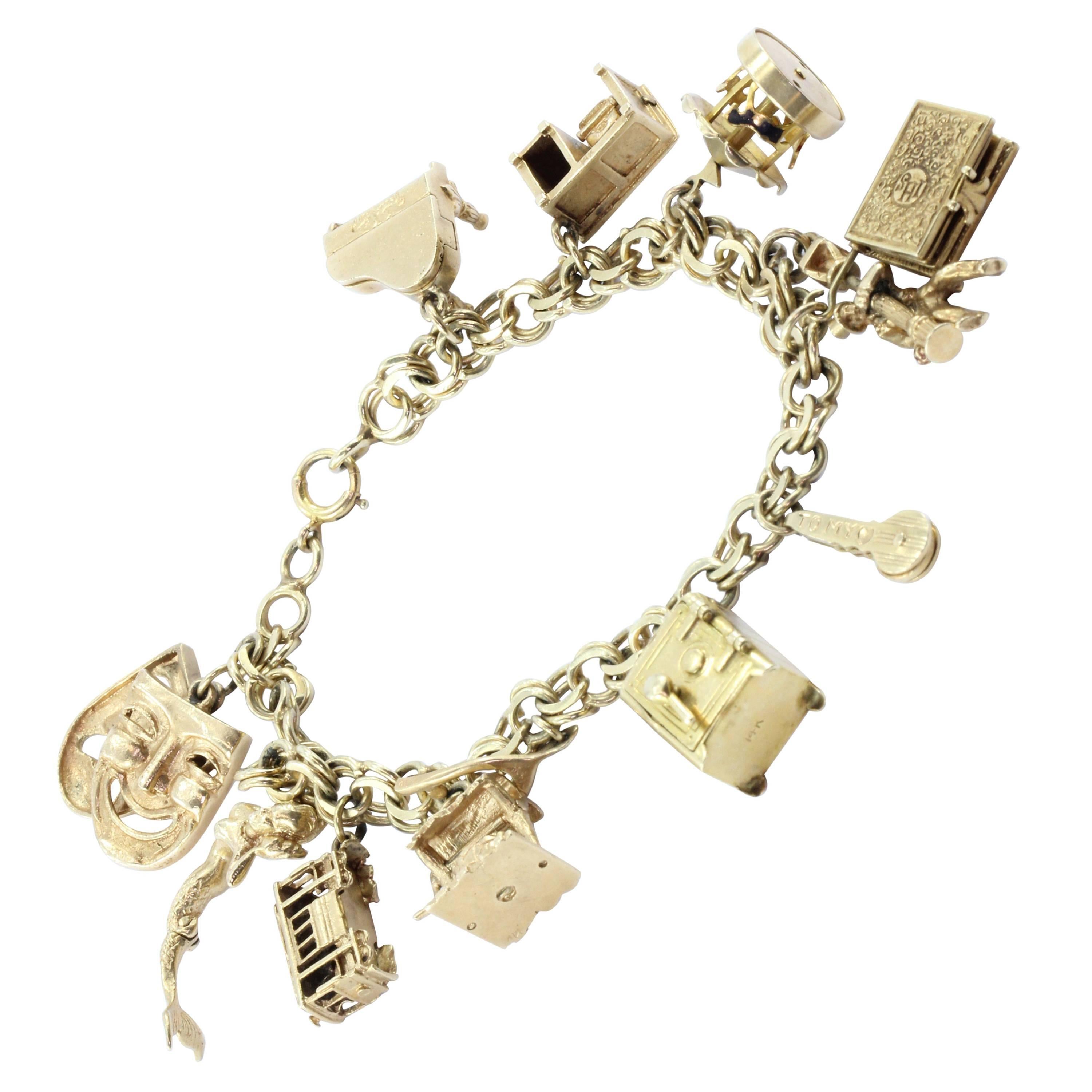 1950s Unique Charm Bracelet With Moveable Charms 