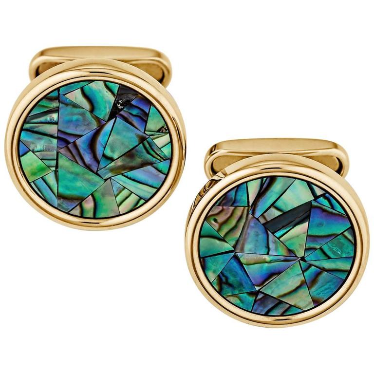 Abalone Mosaic Round Gold Cufflinks For Sale