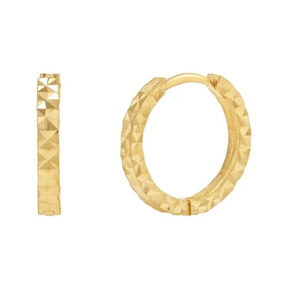 14K Solid Gold Prism Diamond Cut Huggie Earrings For Women Minimalist Hoops For Sale