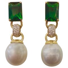 Michael Kneebone Green Topaz Diamond Paspaley South Sea Pearl Dangle Earrings